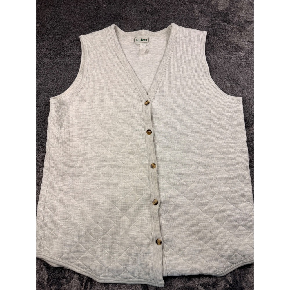 LL Bean Vintage Mens Quilted Waffle Knit Button Front Vest Gray Heather V-Neck L